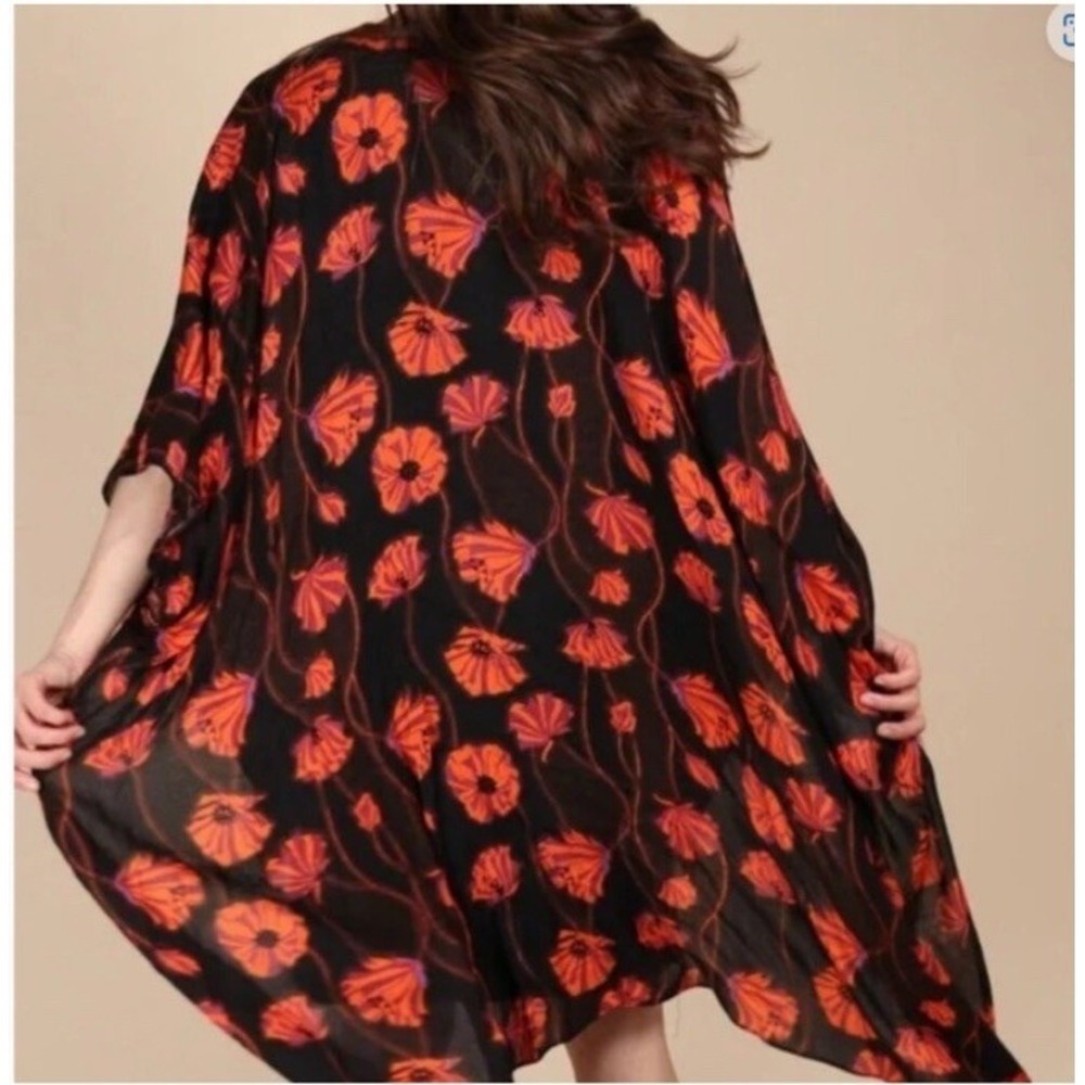 Free People Field Kimono Black Orange Floral High Low Open Front One Size